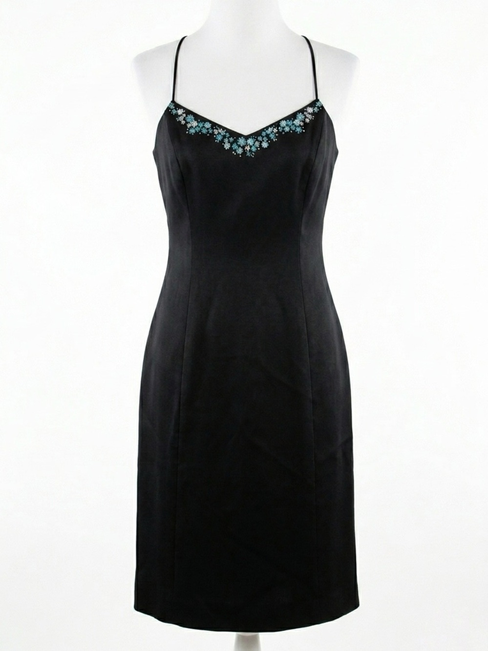 Ann Taylor 100% Silk Black Slip Dress with Blue Floral Embroidery Size 6